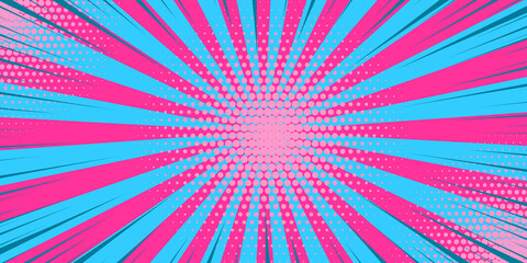 Pop art pink blue comics book cartoon magazine cover. Cartoon funny retro pattern strip mock up. Vector halftone illustration. Vintage backdrop for comic superhero text, speech bubble, message.