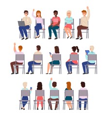 Obraz premium Sitting people. Young men and women sit chairs in row collection, different students back, front and half-side view, lecture participants. University and college vector cartoon isolated set