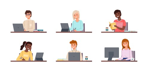 People sitting with laptops. Students use gadgets in training, happy young boys and girls workplace with notebooks and tablets. Online work and education. Vector cartoon set