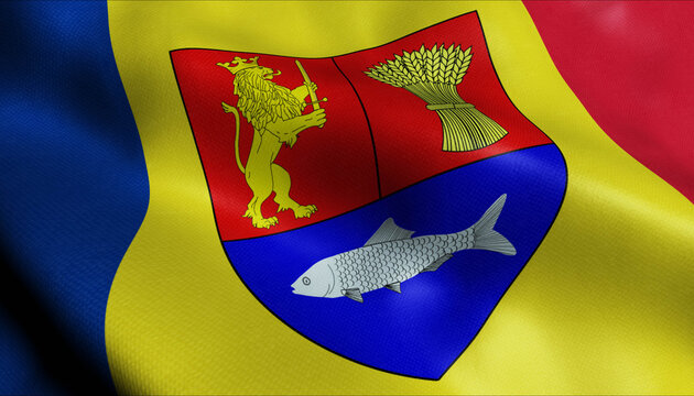 3D Waving Romania County Flag of Dolj Closeup View