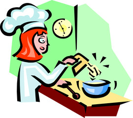 Female hands cooking with ingredient. A girl with red hair prepares soup. Wife cook prepares soup. The cook пшкд pours the ingredients into the casserole.