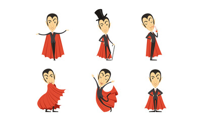 Count Dracula Wearing Red Cape as Vampire Character from Fiction Book Vector Set