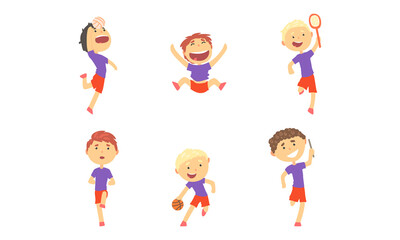 Little Boy Engaged in Physical Education and Athletics Playing Ball Vector Set