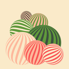 Abstract pattern with geometric striped spheres in pastel colors for pillow decor, design, paintings in the interior. Vector graphics.