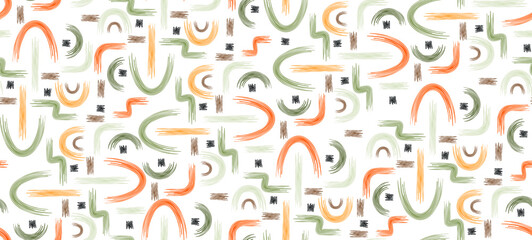 Geometric seamless pattern with circles, curved and wavy lines. Ink texture. Hand drawn abstract design for textile, fabric, wallpaper.