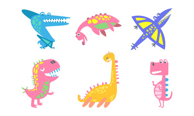 Funny Dinosaurs as Ancient Reptiles with Horns, Tail and Fangs Vector Set