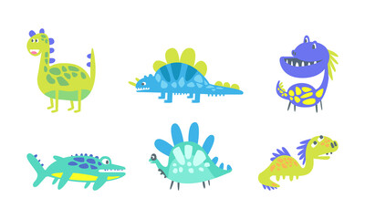 Funny Dinosaurs as Ancient Reptiles with Horns, Tail and Fangs Vector Set