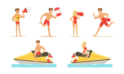 Man and Woman Lifeguard Supervising Safety of Swimmers Vector Set