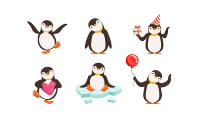 Cute Penguin Sitting on Ice Plate and Holding Gift Box Vector Set
