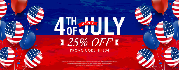 Happy 4th of July sale, discount, offer lettering design on red & blue watercolor banner background with balloon & confetti. Vector illustration
