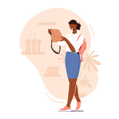 Young Woman Watching Bags Assortment Standing on Shelves at Accessories Store. Pretty Girl Choose Purse in Market