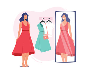 Young Female Character Trying on Clothes in Dressing Room at Store, Woman in New Dress Stand in Cabin with Mirror