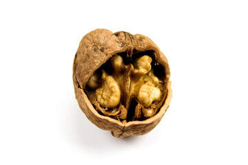 Walnut isolated on a white background. Cracked walnut isolated on white background. Inside the crack of the walnut, the edible part can be seen.