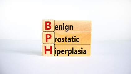 Medical and BPH, Benign Prostatic Hyperplasia symbol. Wooden blocks with the word 'BPH'. Beautiful white background. Copy space. Medical and BPH, Benign Prostatic Hyperplasia concept.