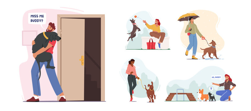 Set of People Spend Time with Pets at Home and Outdoors. Characters Walking and Playing with Dogs, Relaxing Open Air