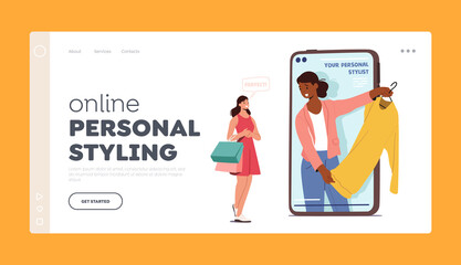Personal Online Styling Landing Page Template. Girl Character Use Help of Fashion Stylist Choose Clothes via Smartphone