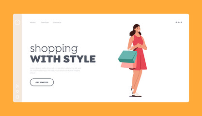 Shopping with Style Landing Page Template. Shopaholic Girl with Purchases in Colorful Paper Bags. Happy Woman Shopping