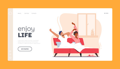 Enjoy Life Landing Page Template. Couple Young Man and Woman Wake Up at Morning, Awaken Happy Characters in Bedroom