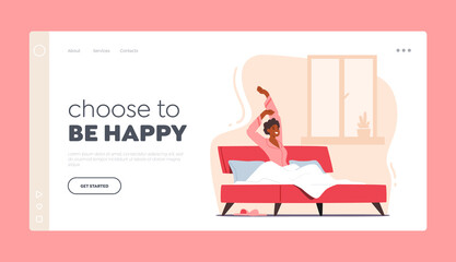 Lifestyle, Young Woman Wake Up at Morning in Good Mood Landing Page Template. Awaken Happy Female Sitting in Bed