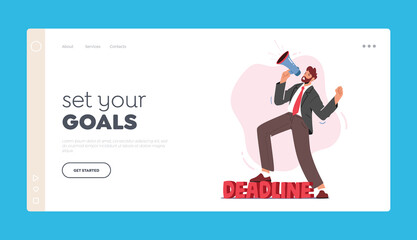 Deadline Landing Page Template. Anxious Businessman Yelling in Loudspeaker in Office. Angry Company Boss Hurry Workers