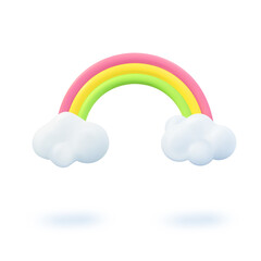 Summer 3d banner design. Realistic render scene colorful rainbow, cloud. Summertime objects