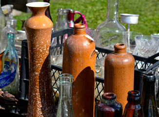 Antique earthenware vases and flowerpots for flowers or wine. Russia, Pskov. 