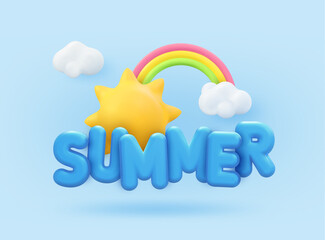 Summer 3d banner design. Realistic render scene tropical sun, rainbow, cloud. Tropic summertime objects