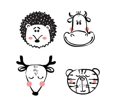 Collection of hipster cartoon character animals cow, deer, hedgehog, tiger