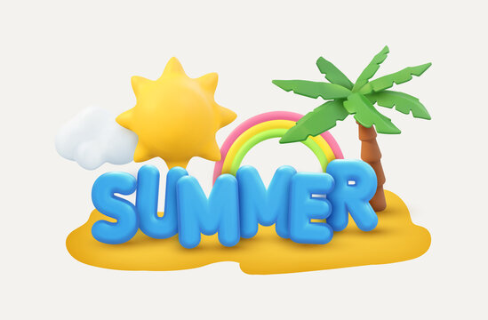 Summer 3d banner design. Realistic render scene tropical palm tree, sun, rainbow, cloud. Tropic beach objects