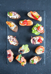 Set of Spanish seafood tapas sandwiches - shrimp, octopus, squid, salmon, gorgonzola cheese, cream cheese, herbs, grapes, and green olives with blueberries - top view and copy space