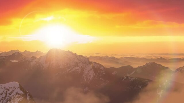 Aerial Panoramic View of Remote Canadian Mountain Landscape. Dramatic Colorful Sunrise Art Render. Located near Vancouver, British Columbia, Canada. Image Parallax Animation
