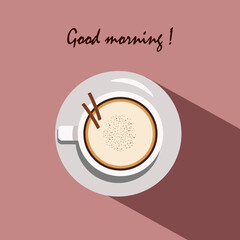 Card with a cup of cappuccino top view. Coffee in a mug and two cinnamon sticks. Vector illustration on a colored background with text. For use in logos and icons for coffee breaks. Illustration for