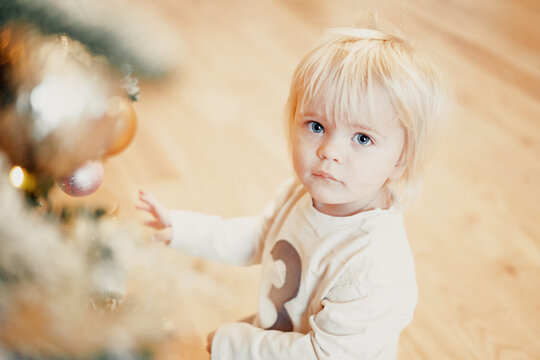 Beautiful and cute baby boy blonde Scandinavian appearance sitting watching. Christmas children's photo shoot in the photo studio. Sitting near the Christmas tree waiting for gifts.