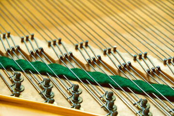 piano deck close view, chords and other parts, grand piano musical instrument