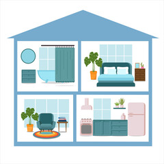 ІнтернетSet with interiors design, bathroom, living room, kitchen and bedroom. Flat vector illustration. Home interior design.
