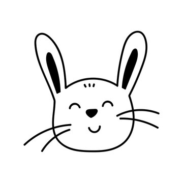 Cute face of a smiling bunny isolated on white background. Vector hand-drawn illustration in doodle style. Suitable for Easter designs, cards, decorations.