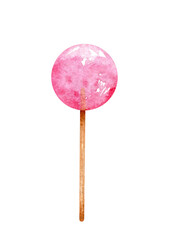 Watercolor pink lollipop. Berry candy on a stick isolated on white background. Hand-drawn illustration. Perfect for your projects, cards, decorations, covers, menu.