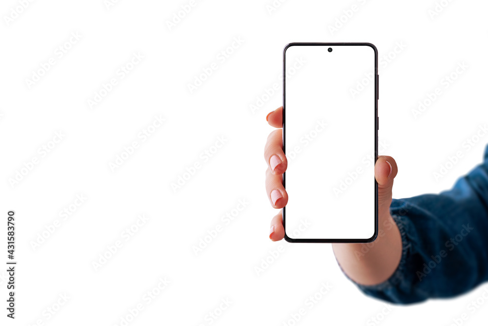 Poster woman hand showing modern smartphone. isolated display and background. copy space beside