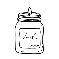 Burning aroma candle in a jar isolated on white background. Vector hand-drawn illustration in doodle style. Aromatherapy, relaxation design element. Suitable for cards, logos, decorations.