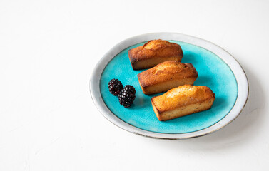 Classic French holiday pastries - financier cake dessert  on a beautiful azure plate with fresh blackberries - side view with copy space