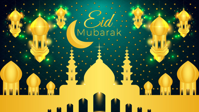 Eid Mubarak Islamic design on a green Background Design.
