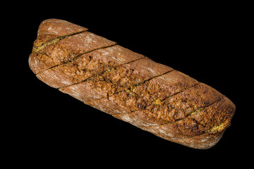 rye baguette with garlic and cheese sliced, on a black background