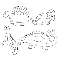 Set of cute cartoon style dinosaurs. Coloring. Vector illustration isolated on white background.