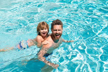 Dad and son swimming lessons. Pool party. Family summer weekeng. Fathers Day.