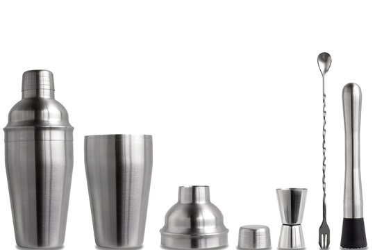 Bartender's kit on a white background in isolation. Metal shaker in disassembled form.