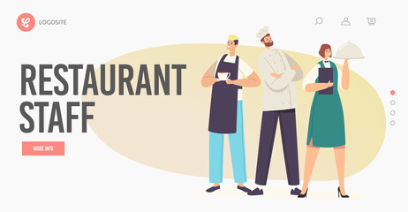 Restaurant Staff Landing Page Template. Characters Hospitality Team in Uniform. Barman with Drink, Waitress with Dish - obrazy, fototapety, plakaty