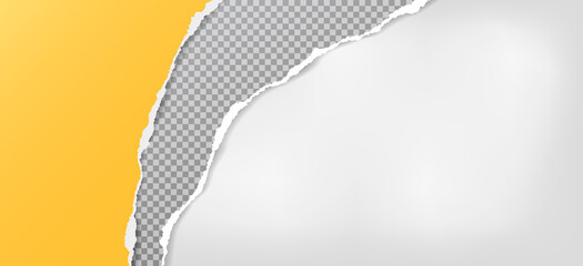 Torn, ripped yellow and grey squared paper strips with soft shadow are on white background for text. Vector illustration