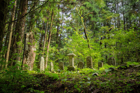 Old children's gravestones and child burial site. Nakasendo trail hike from Magome to Tsumago.  Famous Japanese path route through Kiso Valley, Japan.
