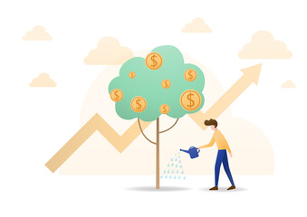 Investment growth vector illustration concept,Man watering money coin tree .