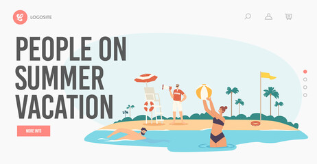 People on Summer Vacation Landing Page Template. Tourists and Rescuer on Beach. Lifeguard Character Yell to Megaphone